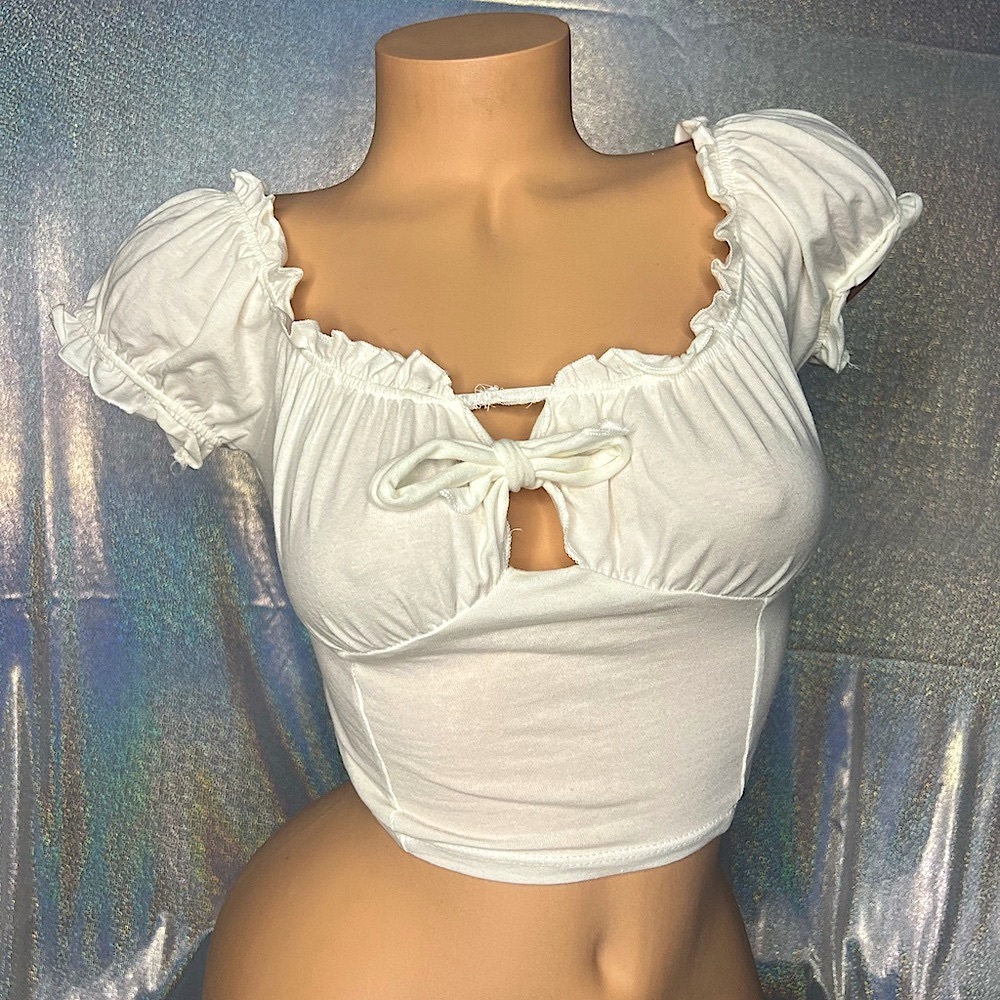 Fashion nova top milk maid ruffle frill bow tie sexy cute puff shoulder cottage - Picture 1 of 8
